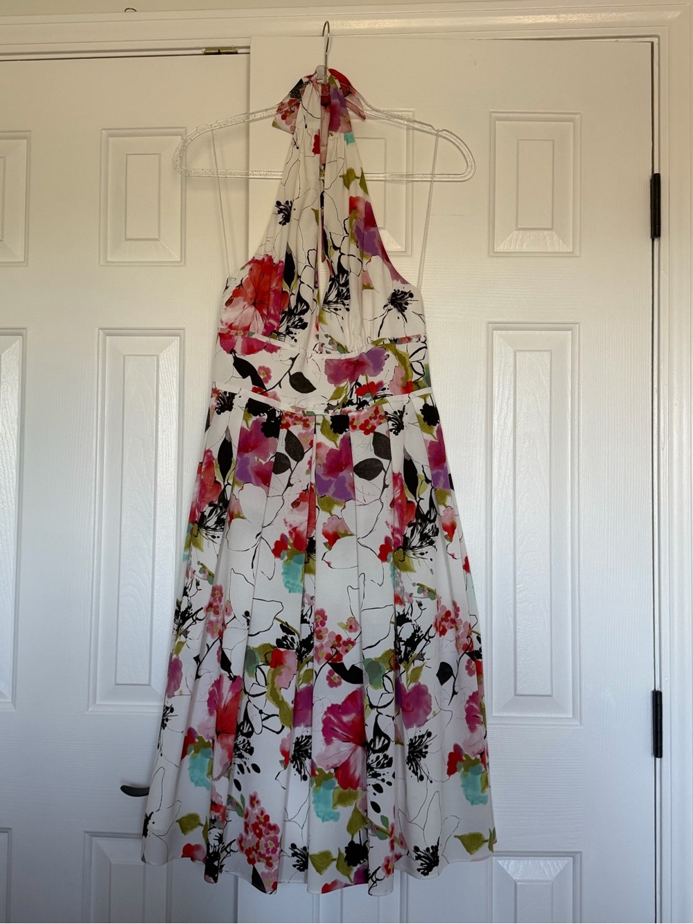 Adrianna Papell White One-Shoulder Floral Midi Dress with Pink and Green Accents